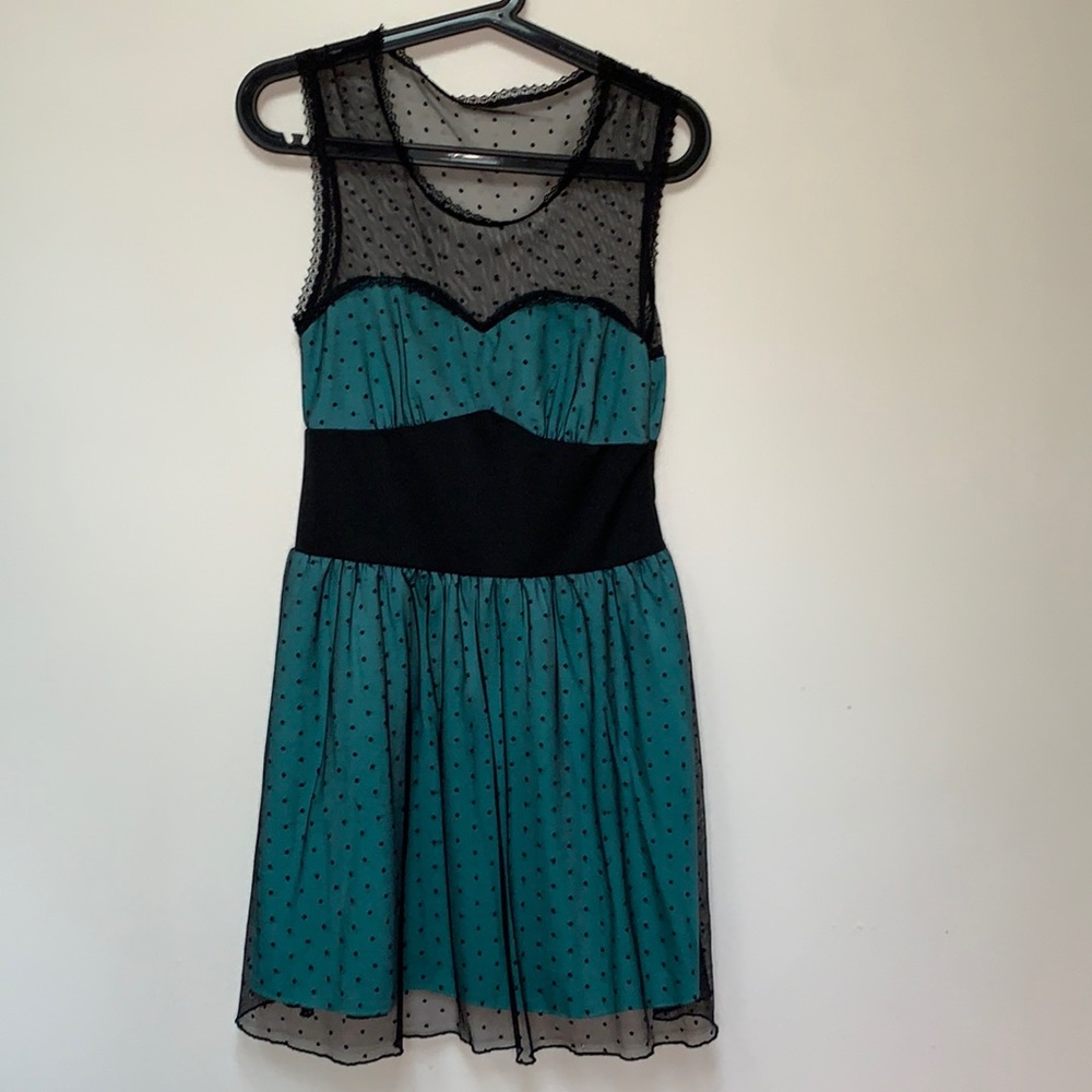 Sourpuss Teal mini dress with black polkadot mesh overlay
